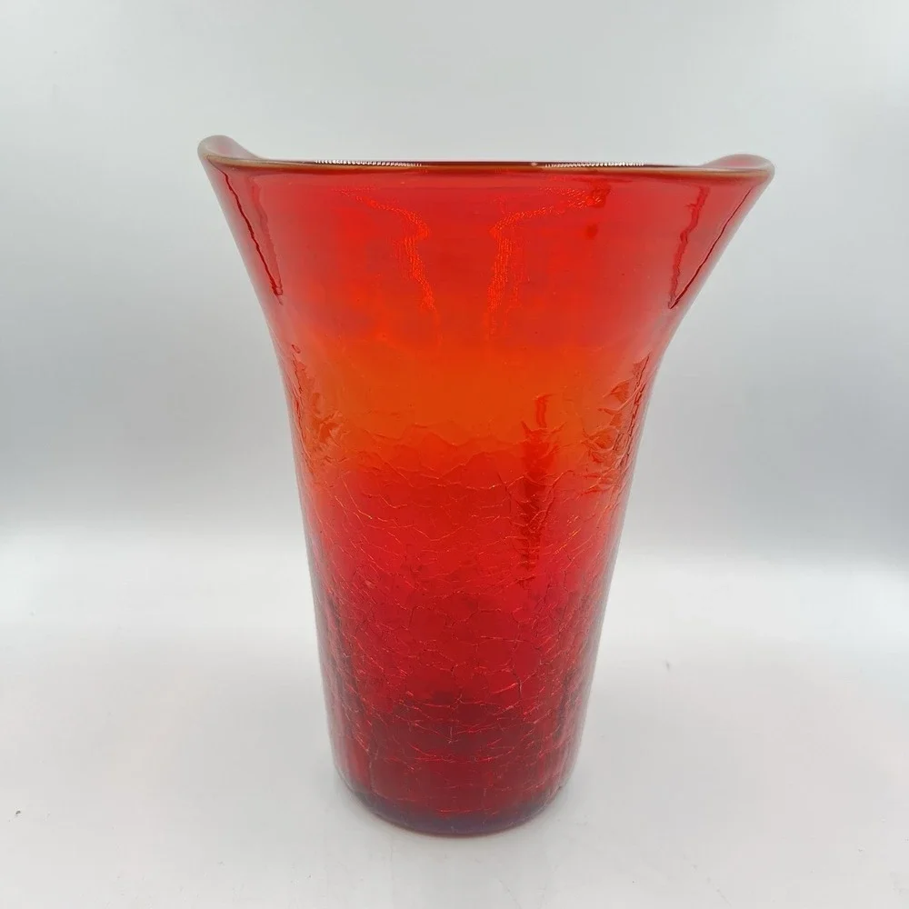 Kanawha Glass‎ Amberina Crackle Vase Flared Rim UV Glow MCM WV Art Glass VTG